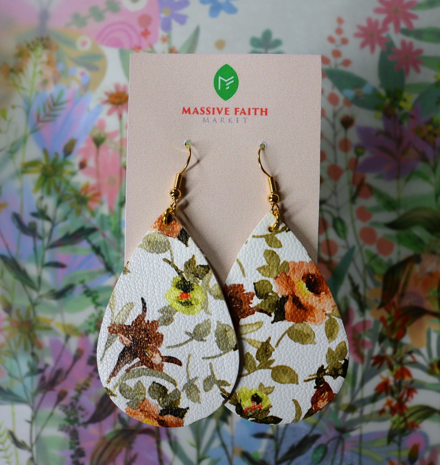 Floral Leather Tear Drop Earrings