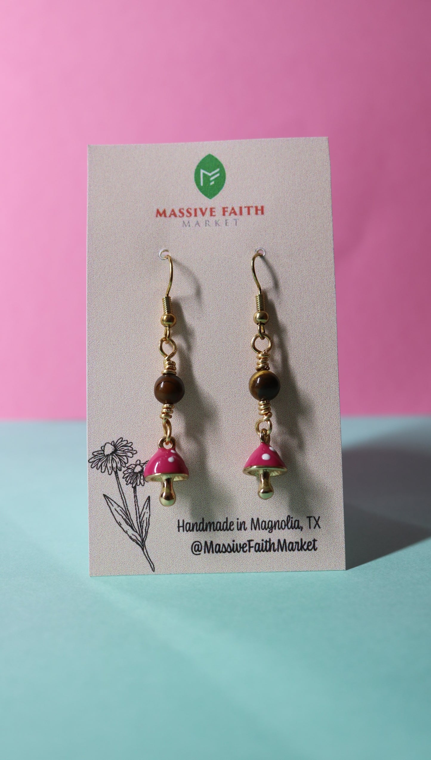 Tigers Eye Pink Mushroom Earrings