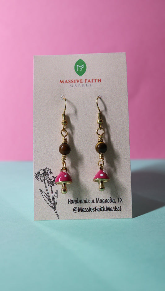 Tigers Eye Pink Mushroom Earrings
