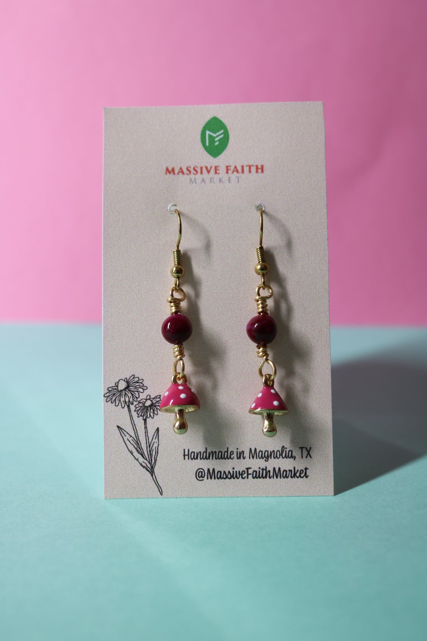 Pink Tigers Eye Mushroom Earrings
