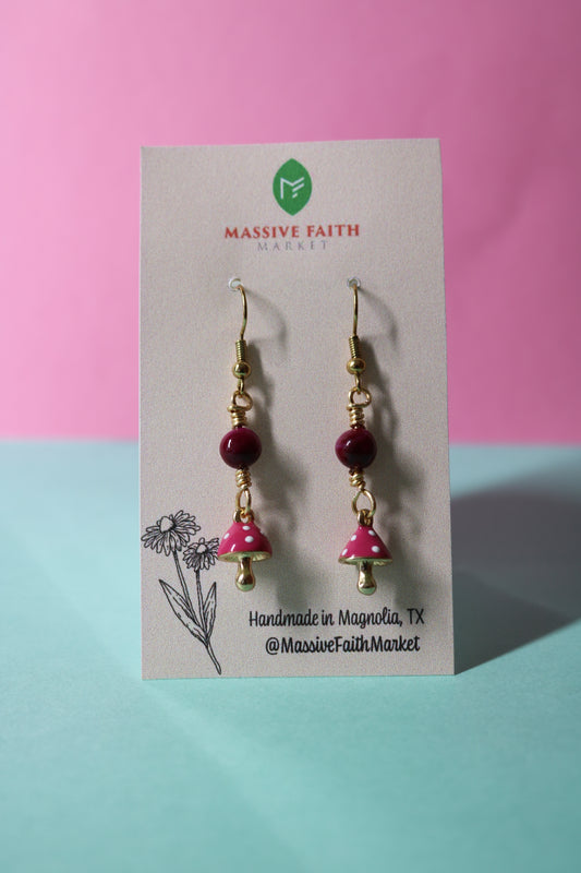 Pink Tigers Eye Mushroom Earrings